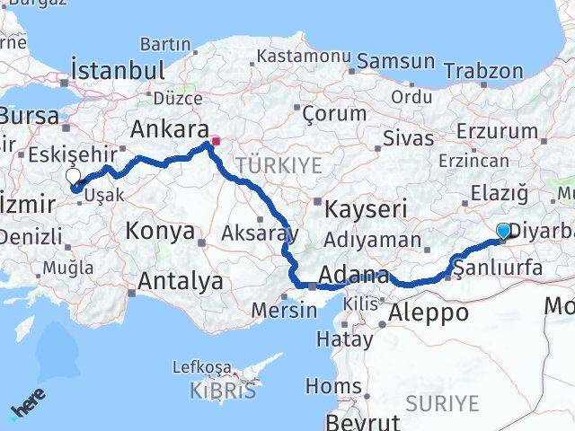 Diyarbakır Şaphane Kütahya Arası Kaç Km - Yol Haritası