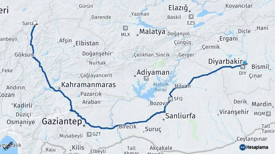 Diyarbakır Sarız Kayseri Arası Kaç Km - Yol Haritası