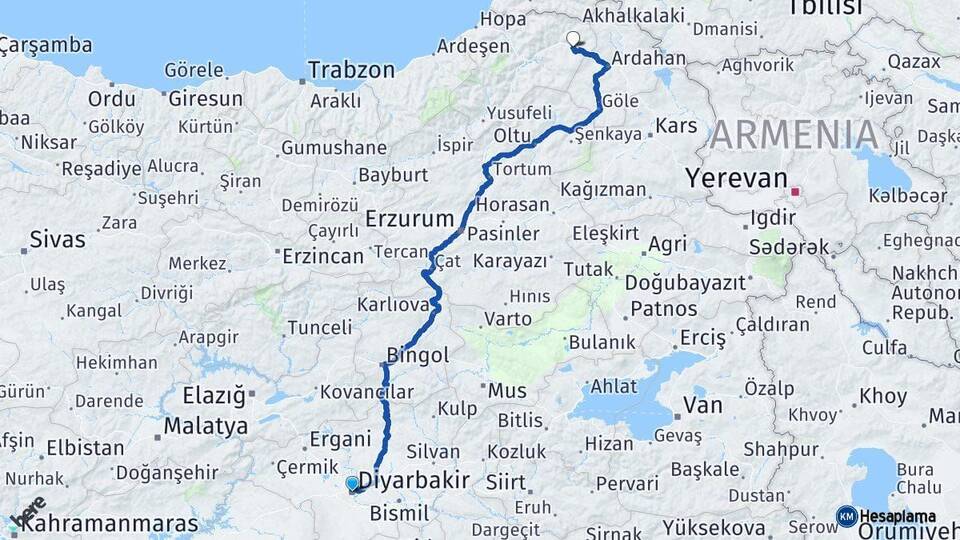 Diyarbakır Şavşat Artvin Arası Kaç Km - Yol Haritası