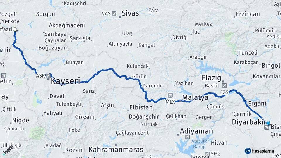 Diyarbakır Şefaatli Yozgat Arası Kaç Km - Yol Haritası
