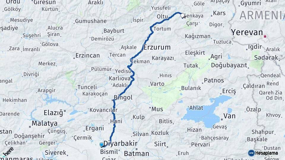 Diyarbakır Şenkaya Erzurum Arası Kaç Km - Yol Haritası