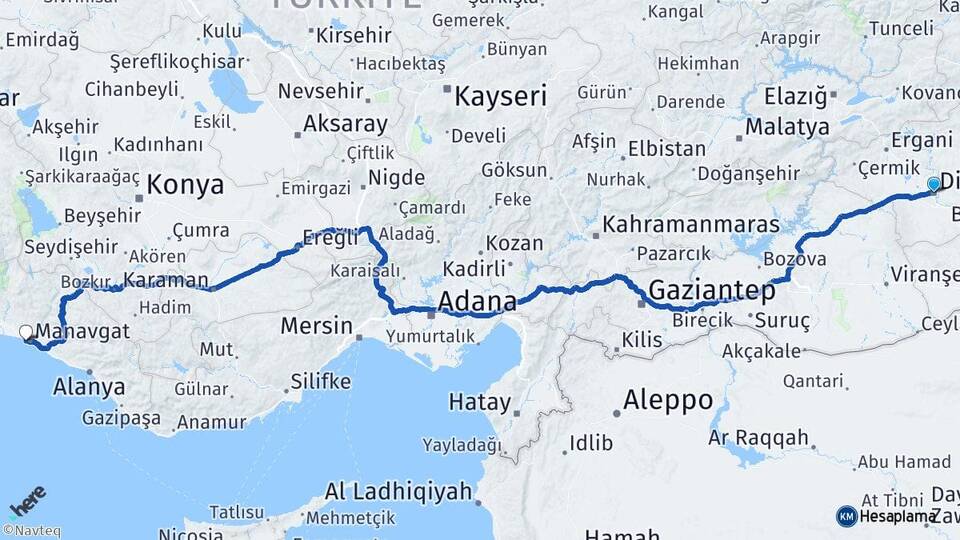 Diyarbakır Side Manavgat Antalya Arası Kaç Km - Yol Haritası