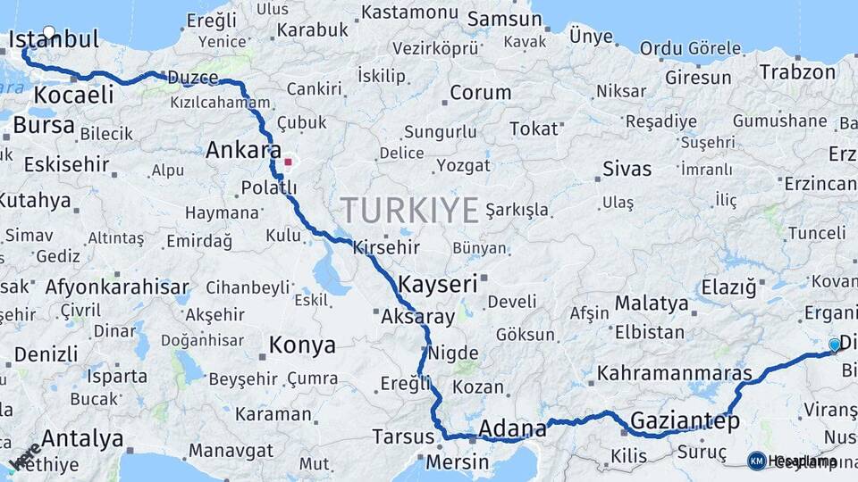 Diyarbakır Şile İstanbul Arası Kaç Km - Yol Haritası