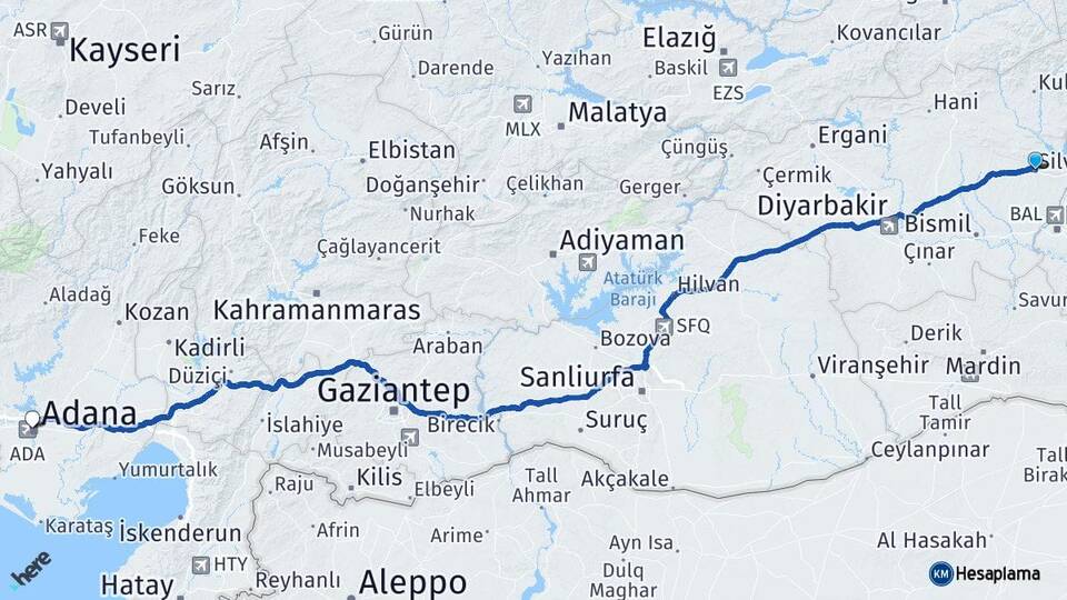 Diyarbakır Silvan Adana Arası Kaç Km - Yol Haritası