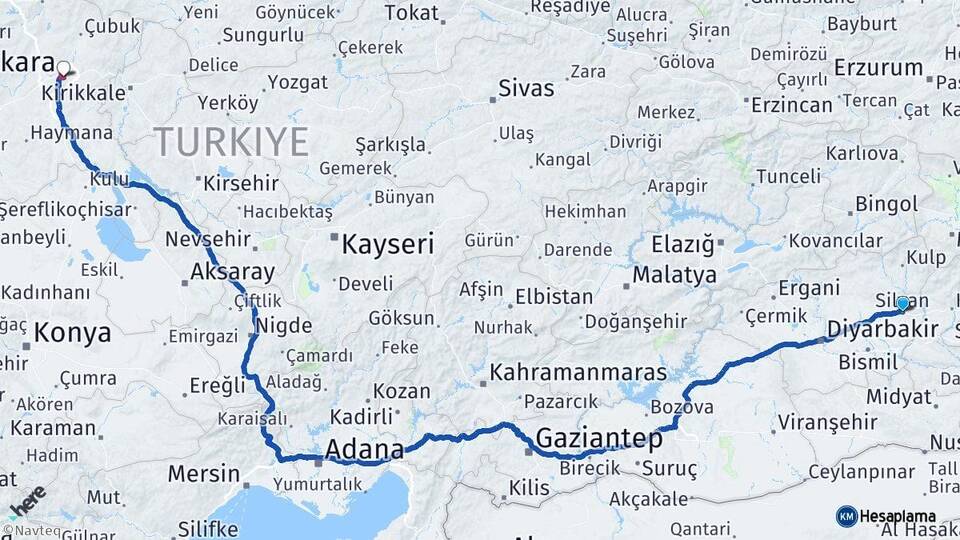 Diyarbakır Silvan Ankara Arası Kaç Km - Yol Haritası