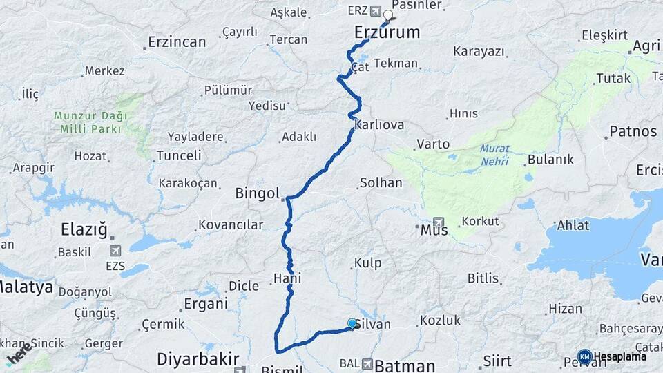 Diyarbakır Silvan Erzurum Arası Kaç Km - Yol Haritası