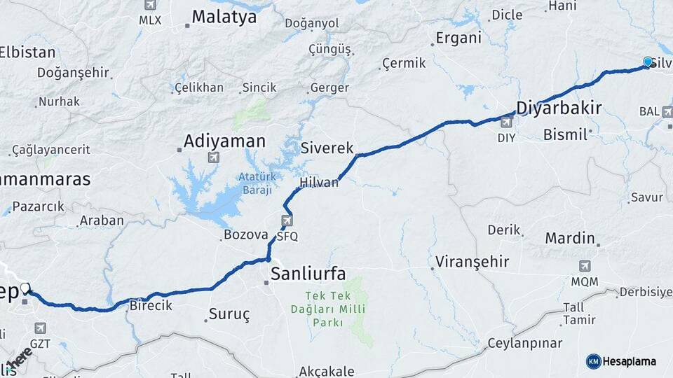 Diyarbakır Silvan Gaziantep Arası Kaç Km - Yol Haritası