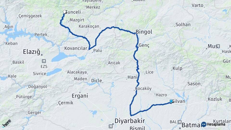 Diyarbakır Silvan Tunceli Arası Kaç Km - Yol Haritası