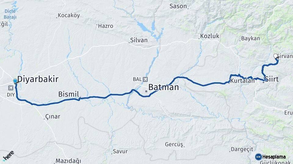 Diyarbakır Şirvan Siirt Arası Kaç Km - Yol Haritası