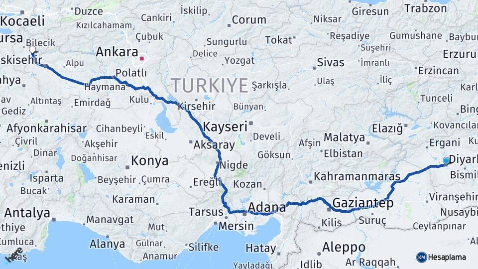 Diyarbakır Söğüt Bilecik Arası Kaç Km - Yol Haritası