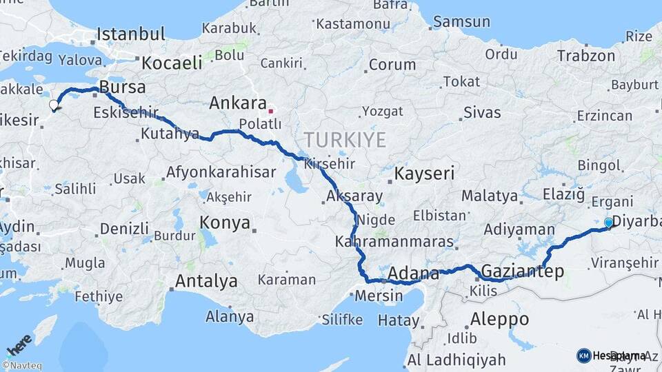 Diyarbakır Susurluk Balıkesir Arası Kaç Km - Yol Haritası