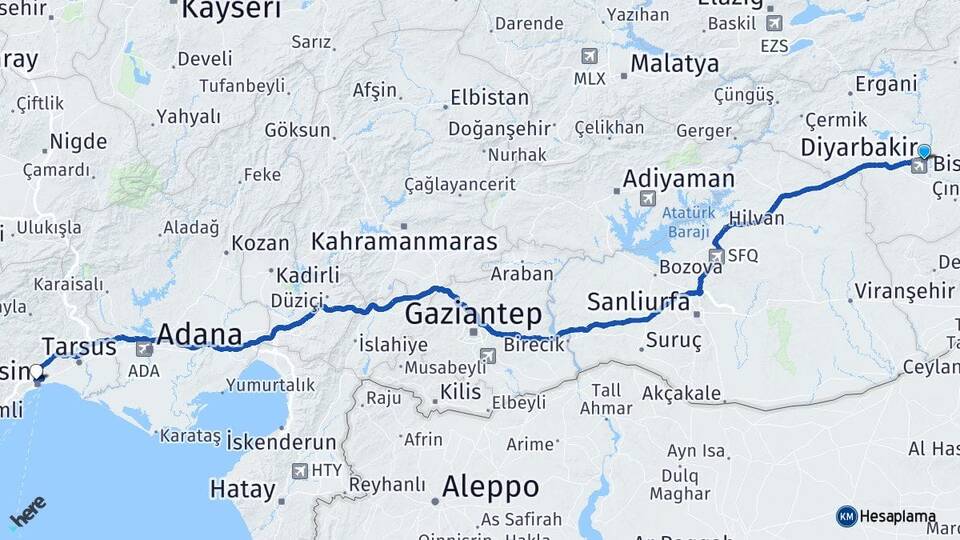 Diyarbakır Toroslar Mersin Arası Kaç Km - Yol Haritası