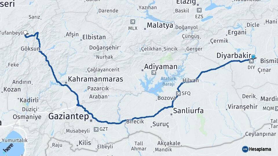 Diyarbakır Tufanbeyli Adana Arası Kaç Km - Yol Haritası