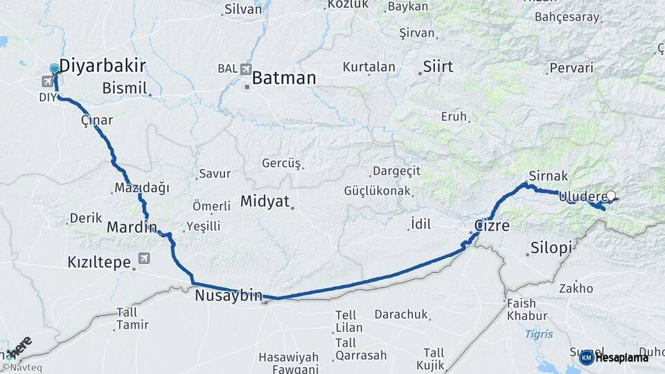 Diyarbakır Uludere Şırnak Arası Kaç Km - Yol Haritası