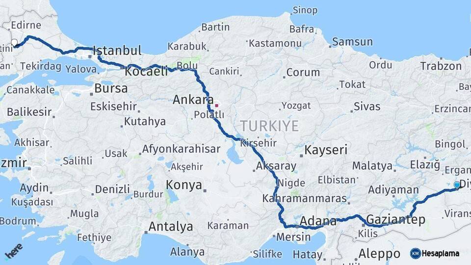 Diyarbakır Uzunköprü Edirne Arası Kaç Km - Yol Haritası
