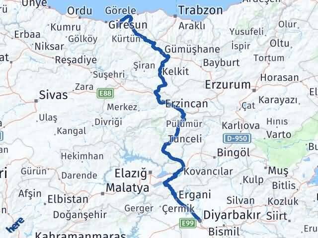 Diyarbakır Yağlıdere Giresun Arası Kaç Km - Yol Haritası