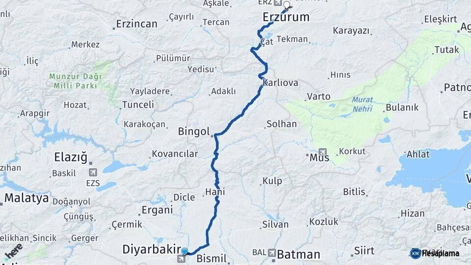 Diyarbakır Yakutiye Erzurum Arası Kaç Km - Yol Haritası