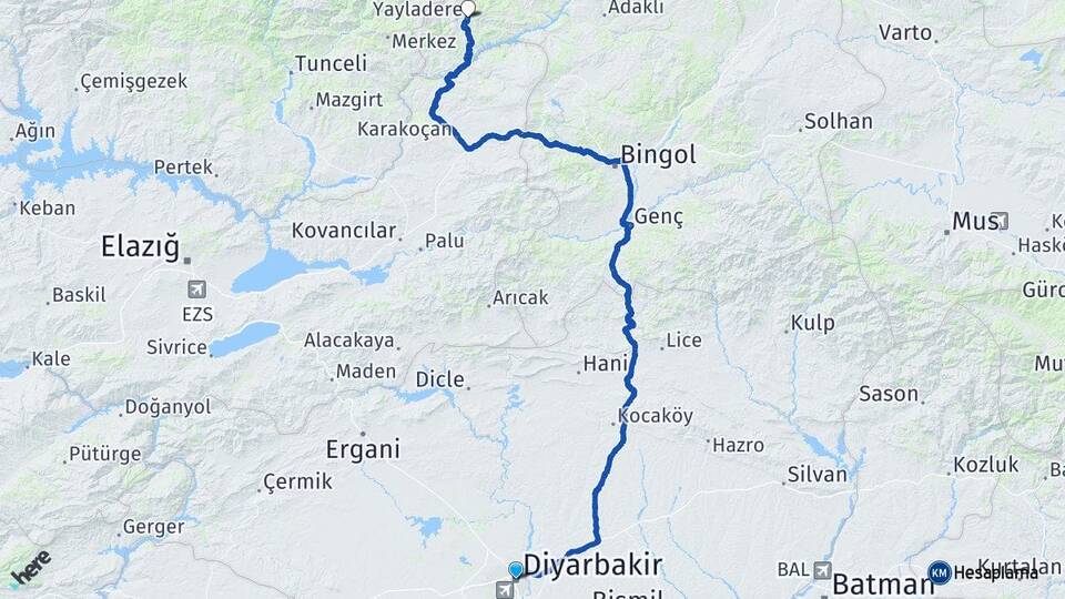 Diyarbakır Yayladere Bingöl Arası Kaç Km - Yol Haritası