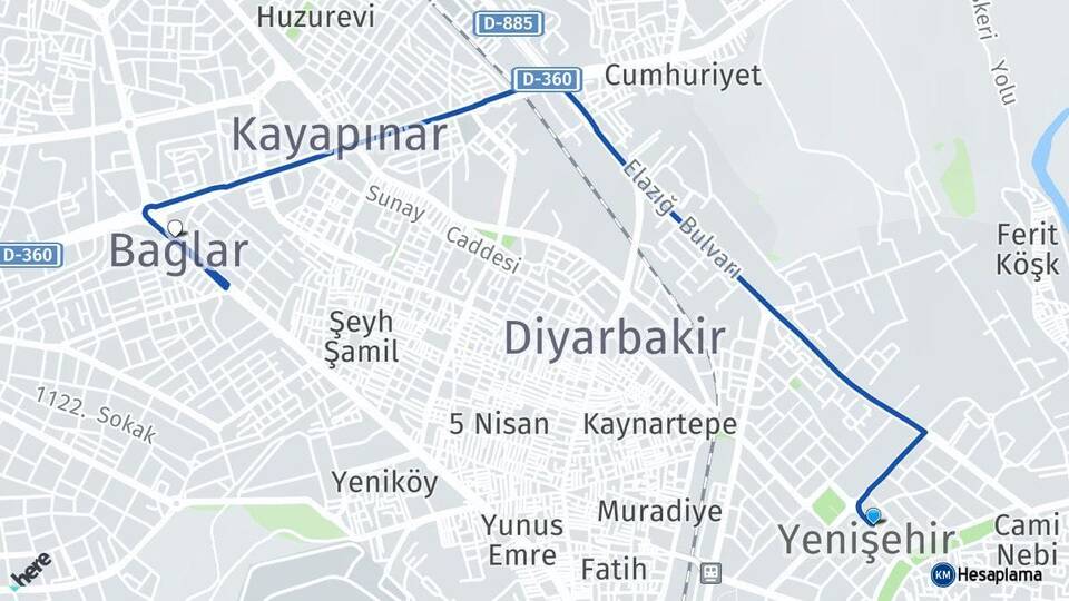 Diyarbakır Yenişehir Bağlar Arası Kaç Km - Yol Haritası
