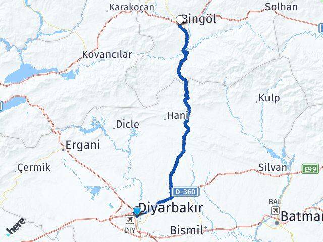 Diyarbakır Yenişehir Bingöl Arası Kaç Km - Yol Haritası