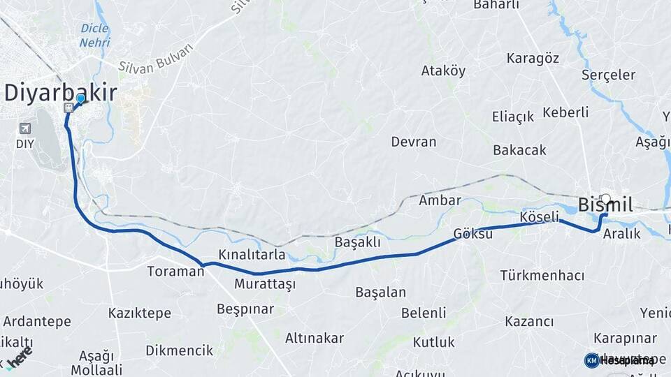 Diyarbakır Yenişehir Bismil Arası Kaç Km - Yol Haritası