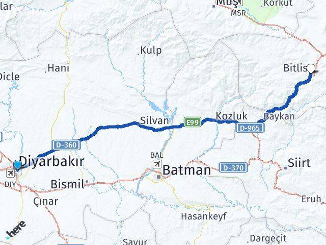 Diyarbakır Yenişehir Bitlis Arası Kaç Km - Yol Haritası