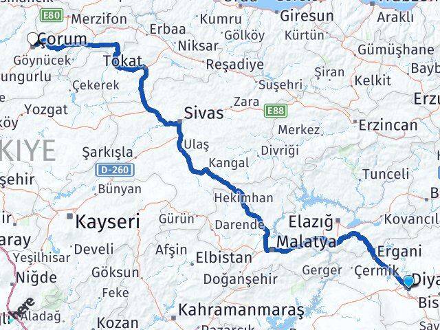 Diyarbakır Yenişehir Çorum Arası Kaç Km - Yol Haritası