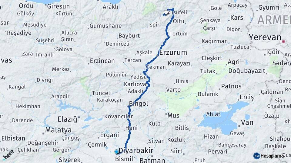 Diyarbakır Yusufeli Artvin Arası Kaç Km - Yol Haritası