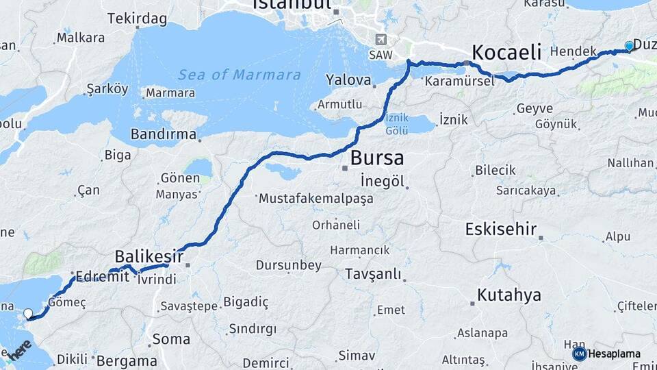 Düzce 150 Evler Ayvalık Balıkesir Arası Kaç Km - Yol Haritası