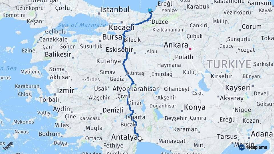 Düzce Akçakoca Antalya Arası Kaç Km - Yol Haritası