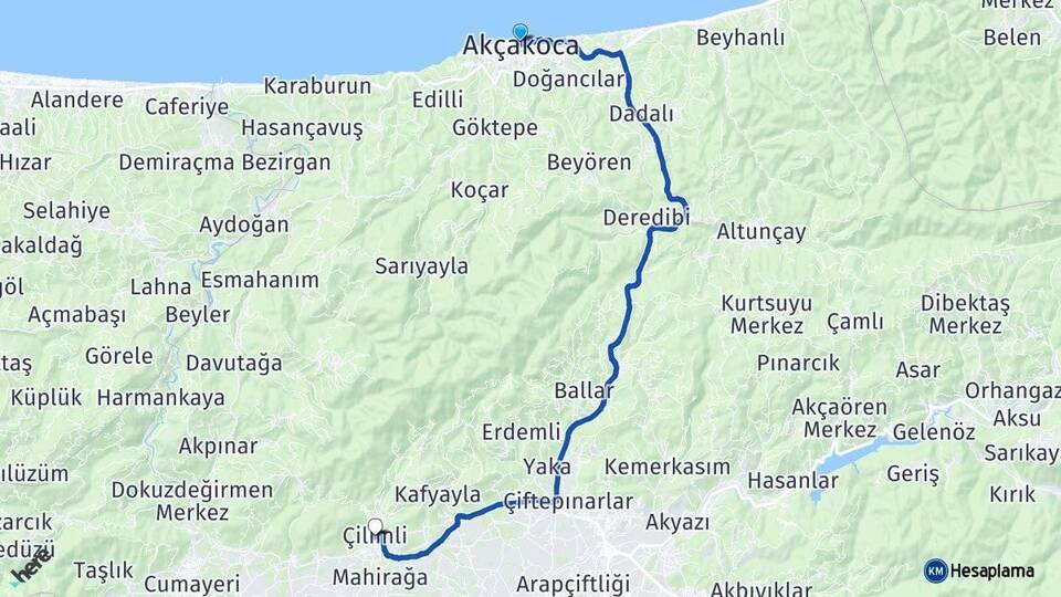 Düzce Akçakoca Çilimli Arası Kaç Km - Yol Haritası