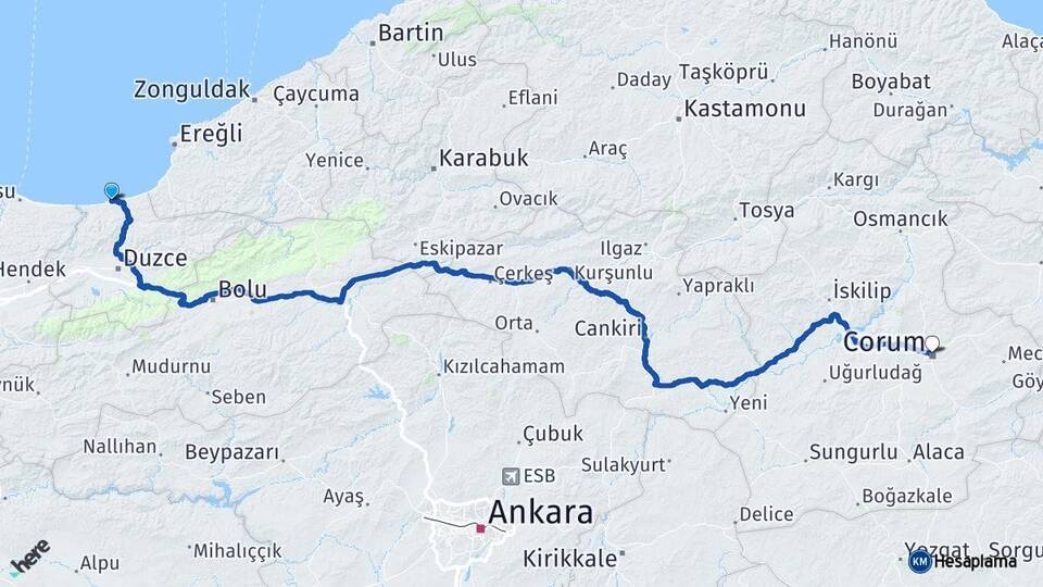 Düzce Akçakoca Çorum Arası Kaç Km - Yol Haritası