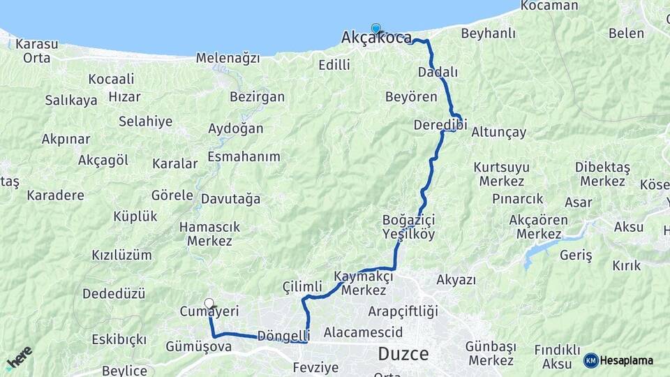 Düzce Akçakoca Cumayeri Arası Kaç Km - Yol Haritası