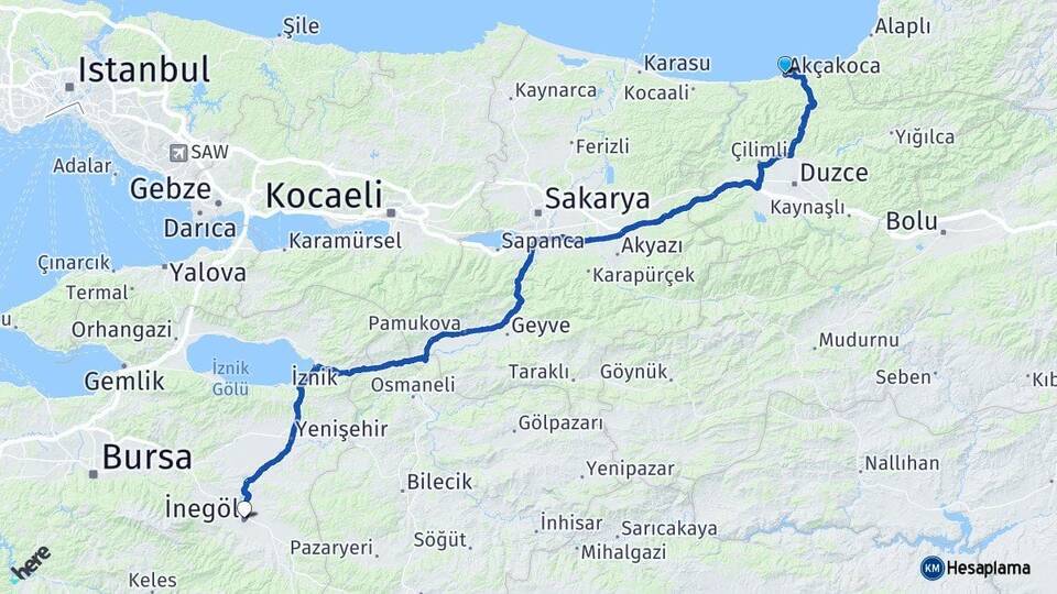 Düzce Akçakoca İnegöl Bursa Arası Kaç Km - Yol Haritası