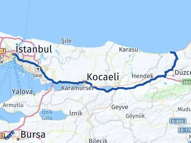 istanbul akcakoca arasi kac km ve kac saat