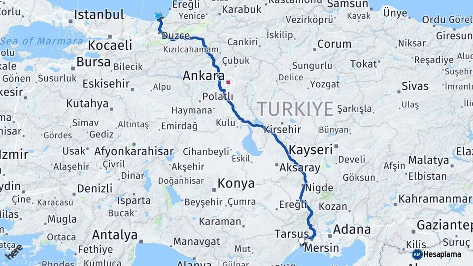 Düzce Akçakoca Mersin Arası Kaç Km - Yol Haritası