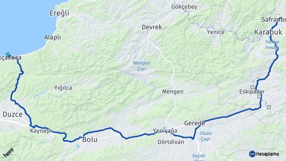 Düzce Akçakoca Safranbolu Karabük Arası Kaç Km - Yol Haritası
