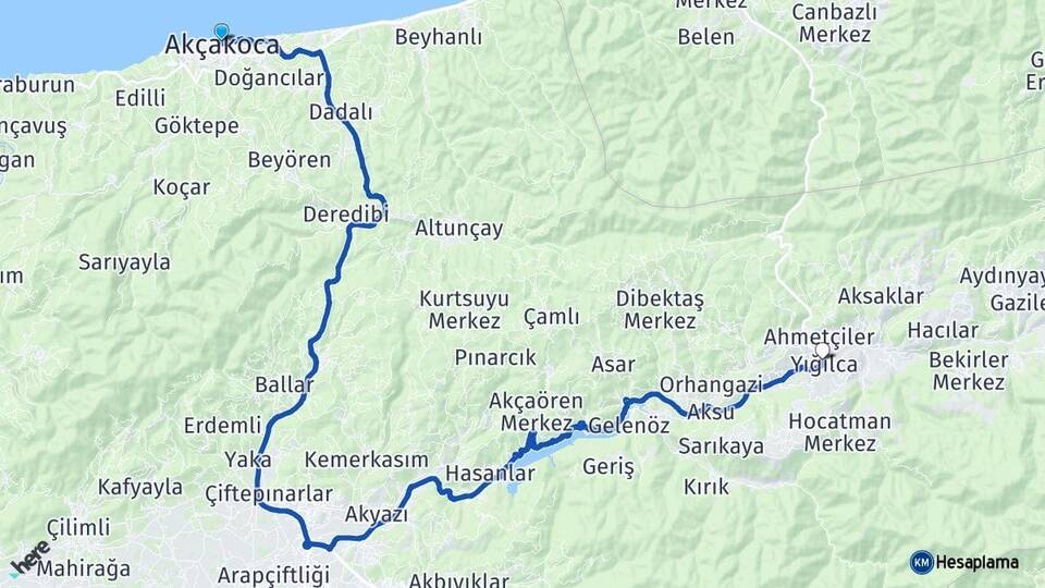 Düzce Akçakoca Yığılca Arası Kaç Km - Yol Haritası