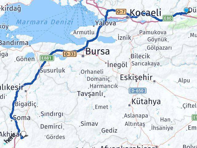 Düzce Akhisar Manisa Arası Kaç Km - Yol Haritası