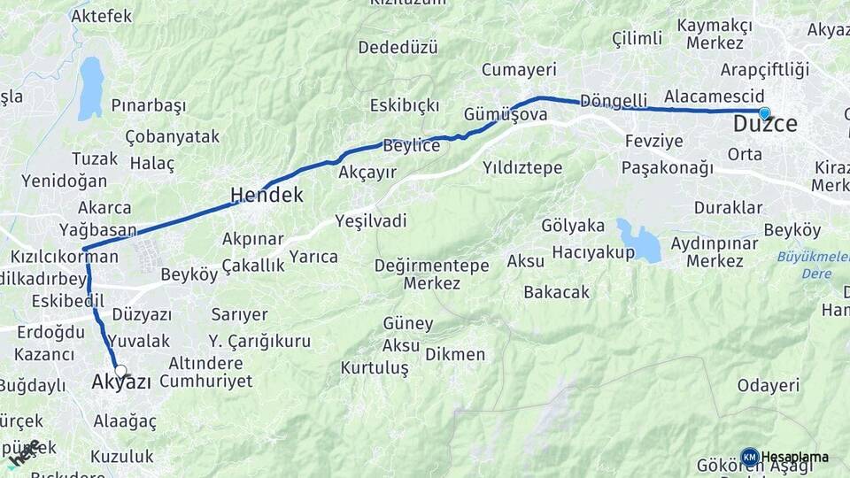 Düzce Akyazı Sakarya Arası Kaç Km - Yol Haritası