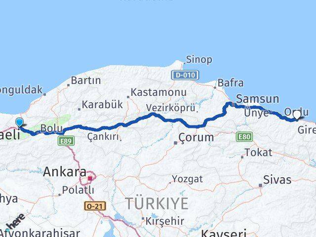 Düzce Altınordu Arası Kaç Km - Yol Haritası