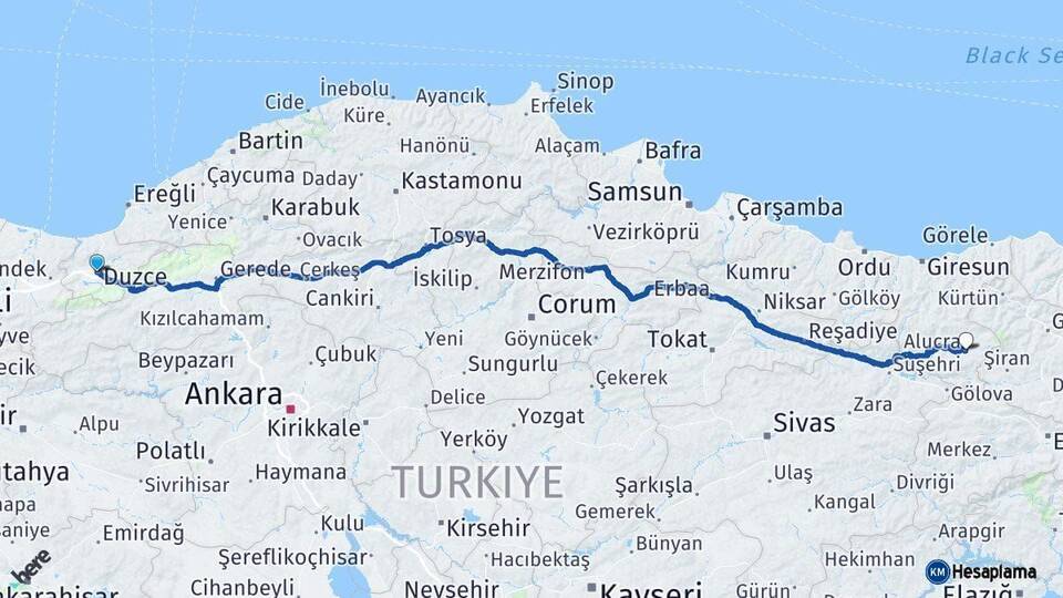Düzce Alucra Giresun Arası Kaç Km - Yol Haritası