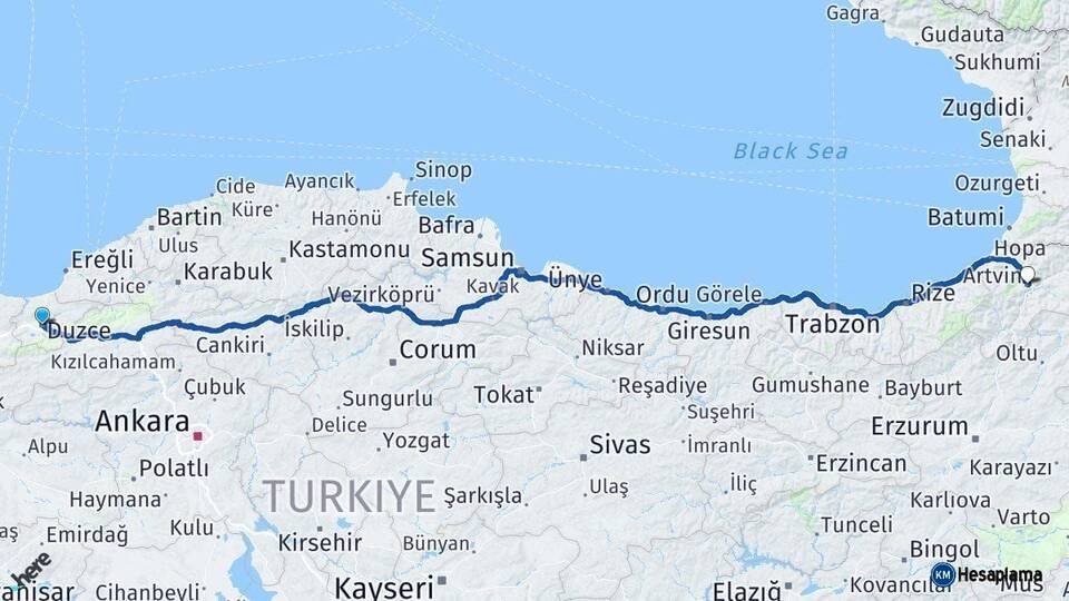 Düzce Artvin Arası Kaç Km - Yol Haritası