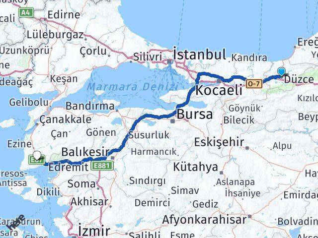 Düzce Ayvacık Çanakkale Arası Kaç Km - Yol Haritası