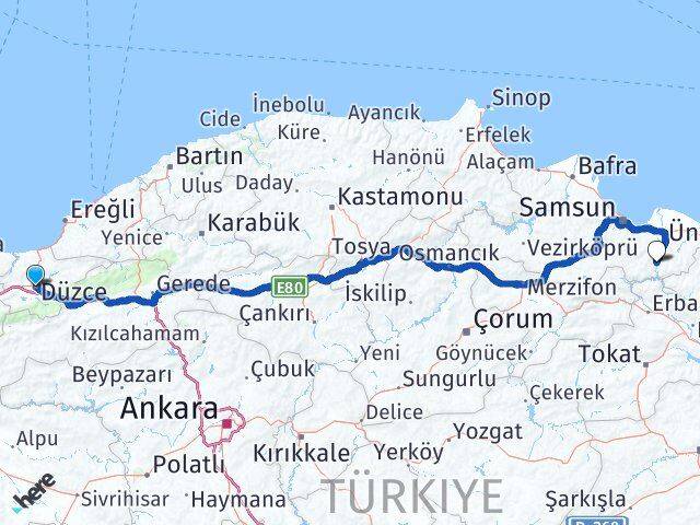 Düzce Ayvacık Samsun Arası Kaç Km - Yol Haritası