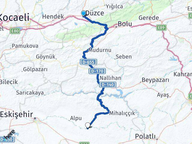 Düzce Beylikova Eskişehir Arası Kaç Km - Yol Haritası
