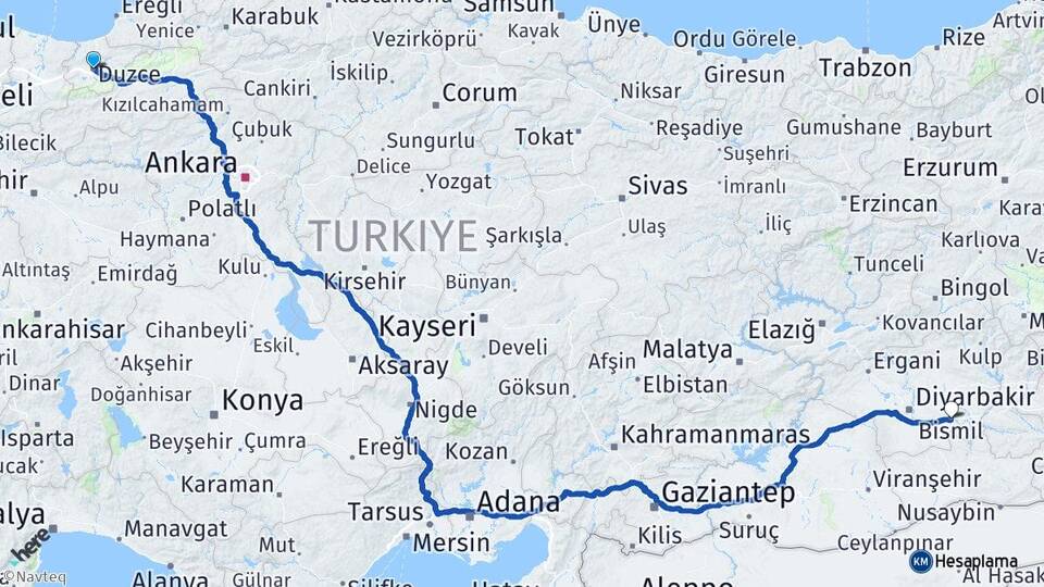 Düzce Bismil Diyarbakır Arası Kaç Km - Yol Haritası