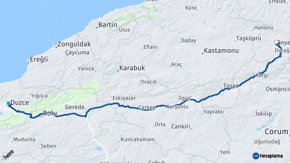 Düzce Boyabat Sinop Arası Kaç Km - Yol Haritası