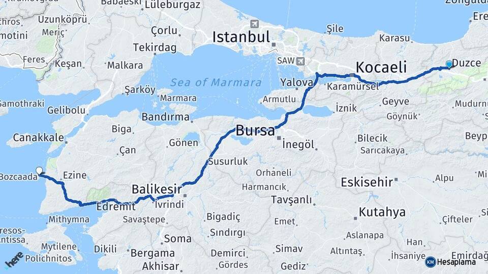 Düzce Bozcaada Çanakkale Arası Kaç Km - Yol Haritası