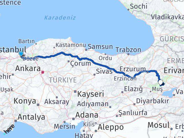Düzce Bulanık Muş Arası Kaç Km - Yol Haritası
